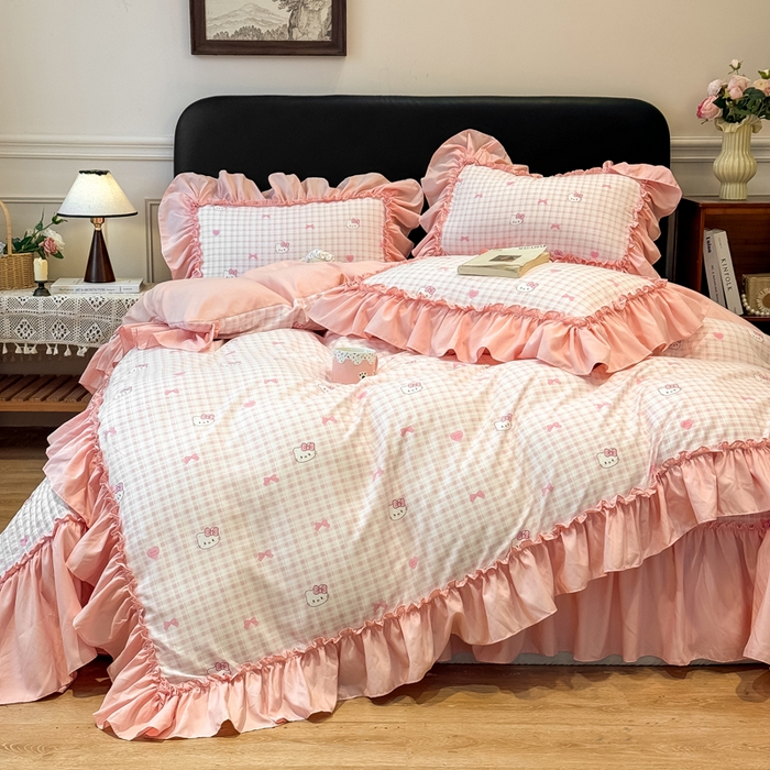 91家纺网 家纺一手货源 找家纺 大麦家纺 2026新款水洗古棉床盖印花四件套 KT猫-玉