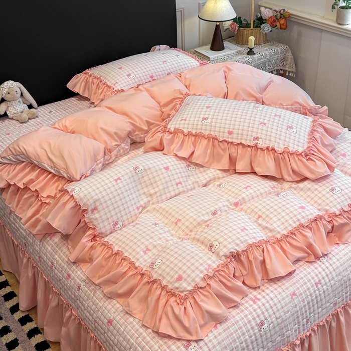 91家纺网 家纺一手货源 找家纺 大麦家纺 2026新款水洗古棉床盖印花四件套 KT猫-玉