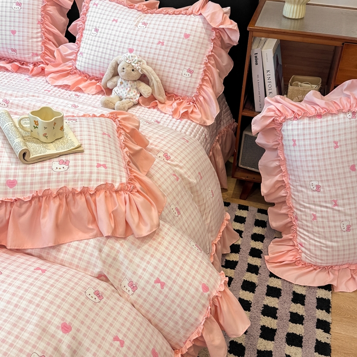 91家纺网 家纺一手货源 找家纺 大麦家纺 2026新款水洗古棉床盖印花四件套 KT猫-玉