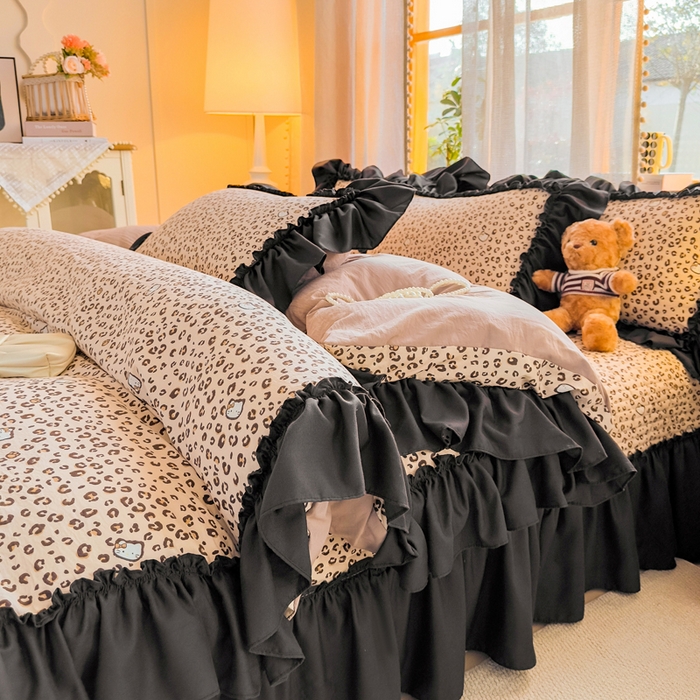 91家纺网 家纺一手货源 找家纺 大麦家纺 2026新款水洗古棉床盖印花四件套 豹纹猫咪