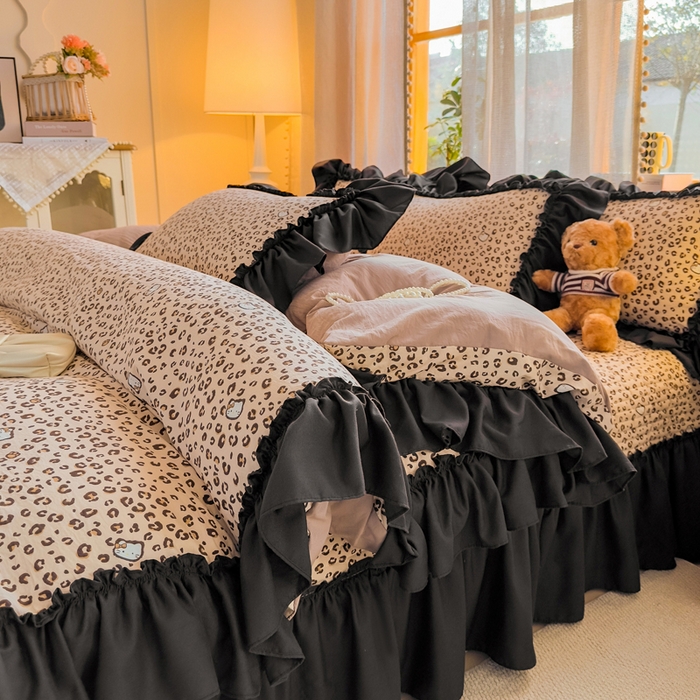 91家纺网 家纺一手货源 找家纺 大麦家纺 2026新款水洗古棉床盖印花四件套 豹纹猫咪