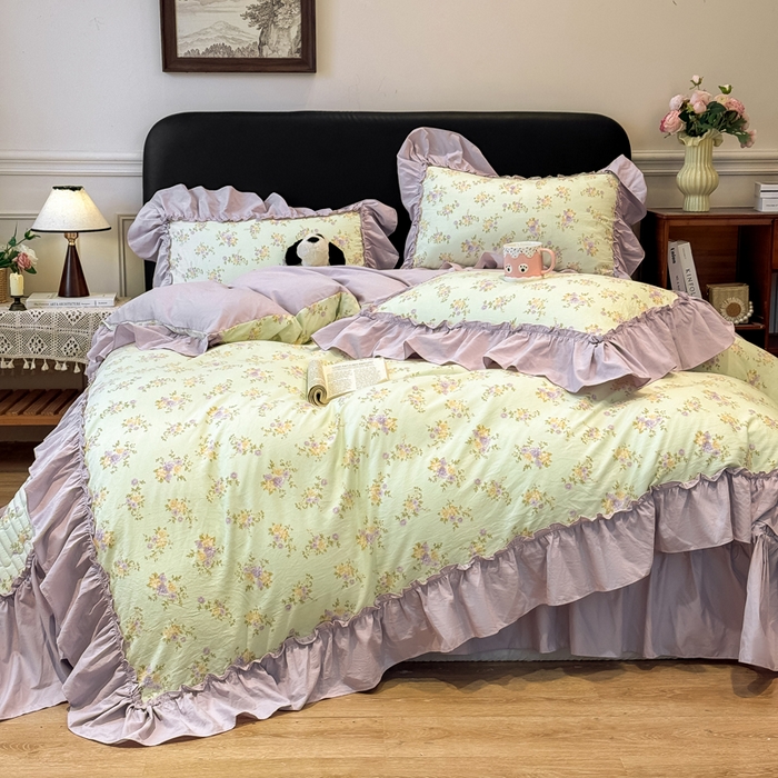 91家纺网 家纺一手货源 找家纺 大麦家纺 2026新款水洗古棉床盖印花四件套 赫本夏朵