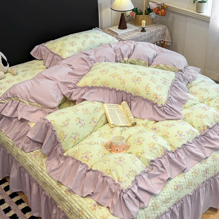 91家纺网 家纺一手货源 找家纺 大麦家纺 2026新款水洗古棉床盖印花四件套 赫本夏朵