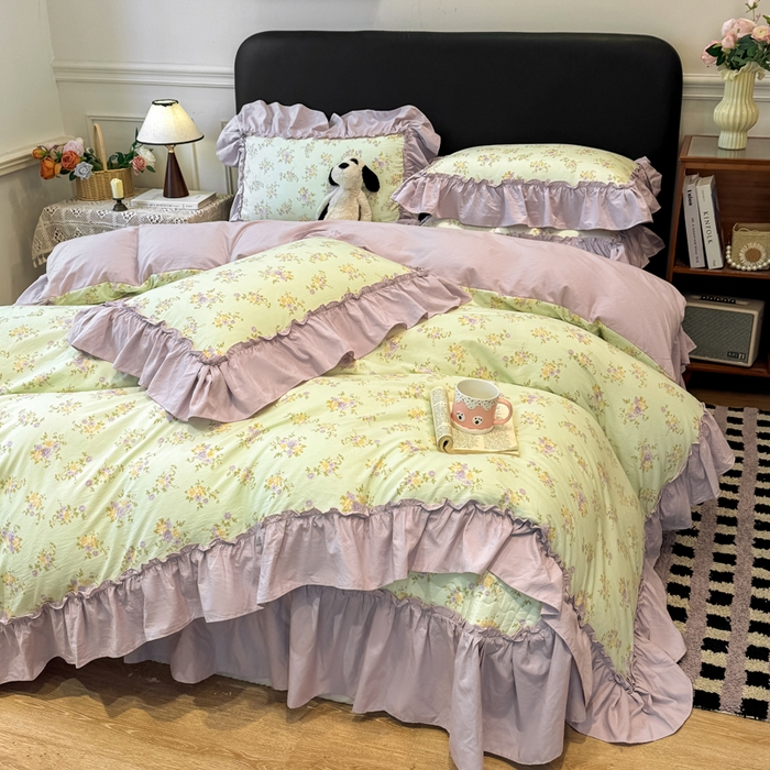 91家纺网 家纺一手货源 找家纺 大麦家纺 2026新款水洗古棉床盖印花四件套 赫本夏朵