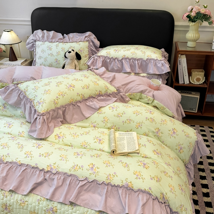 91家纺网 家纺一手货源 找家纺 大麦家纺 2026新款水洗古棉床盖印花四件套 赫本夏朵