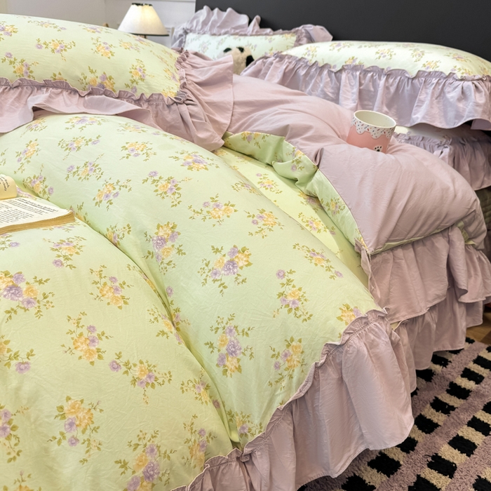 91家纺网 家纺一手货源 找家纺 大麦家纺 2026新款水洗古棉床盖印花四件套 赫本夏朵