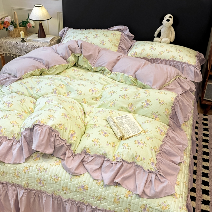 91家纺网 家纺一手货源 找家纺 大麦家纺 2026新款水洗古棉床盖印花四件套 赫本夏朵