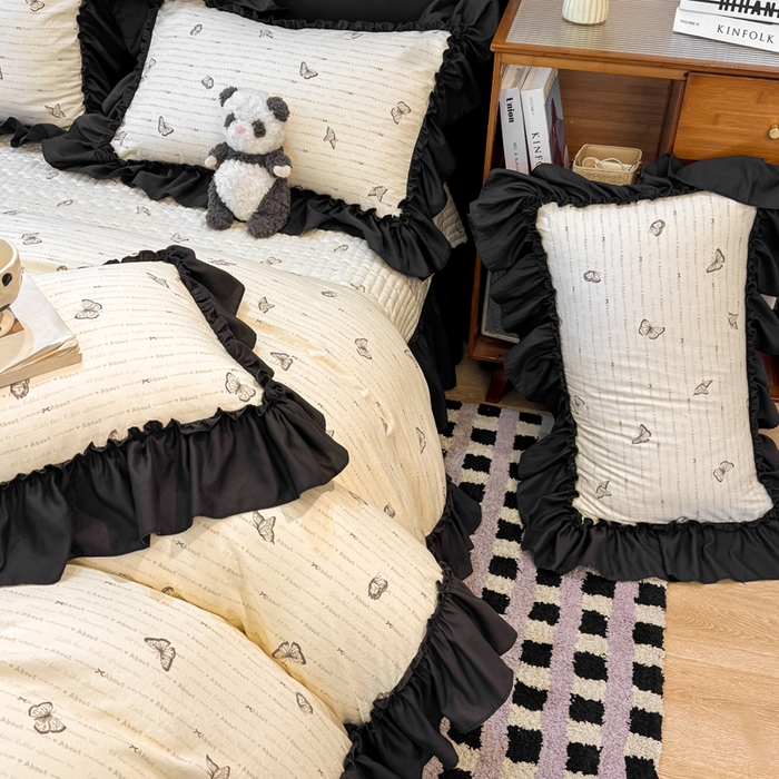 91家纺网 家纺一手货源 找家纺 大麦家纺 2026新款水洗古棉床盖印花四件套 黑蝴蝶