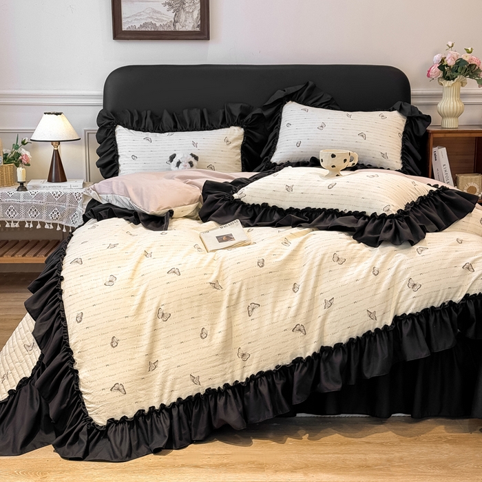 91家纺网 家纺一手货源 找家纺 大麦家纺 2026新款水洗古棉床盖印花四件套 黑蝴蝶