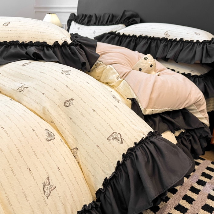 91家纺网 家纺一手货源 找家纺 大麦家纺 2026新款水洗古棉床盖印花四件套 黑蝴蝶