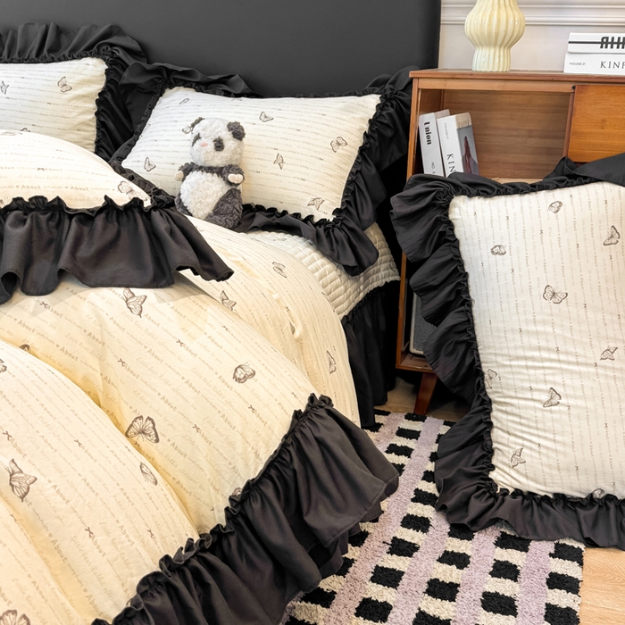 91家纺网 家纺一手货源 找家纺 大麦家纺 2026新款水洗古棉床盖印花四件套 黑蝴蝶