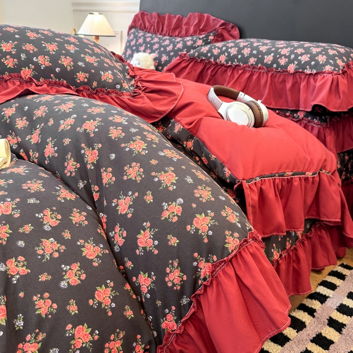 91家纺网 家纺一手货源 找家纺 大麦家纺 2026新款水洗古棉床盖印花四件套 花季