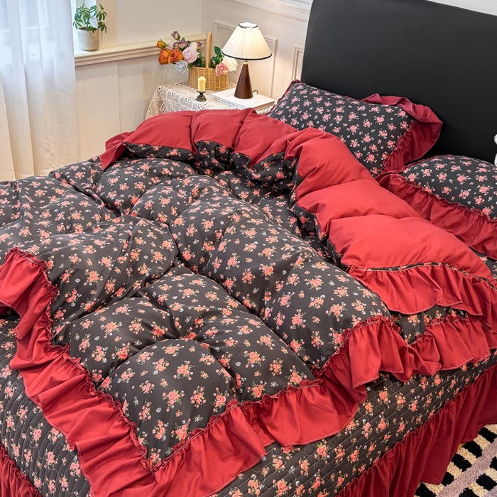 91家纺网 家纺一手货源 找家纺 大麦家纺 2026新款水洗古棉床盖印花四件套 花季