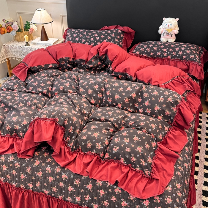 91家纺网 家纺一手货源 找家纺 大麦家纺 2026新款水洗古棉床盖印花四件套 花季