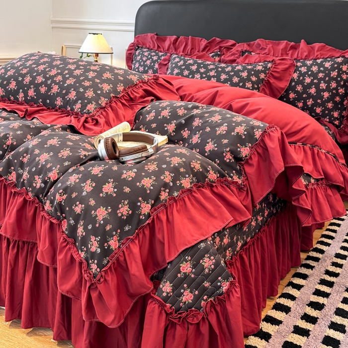 大麦家纺 2026新款水洗古棉床盖印花四件套 花季