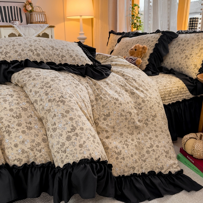 91家纺网 家纺一手货源 找家纺 大麦家纺 2026新款水洗古棉床盖印花四件套 花间谣