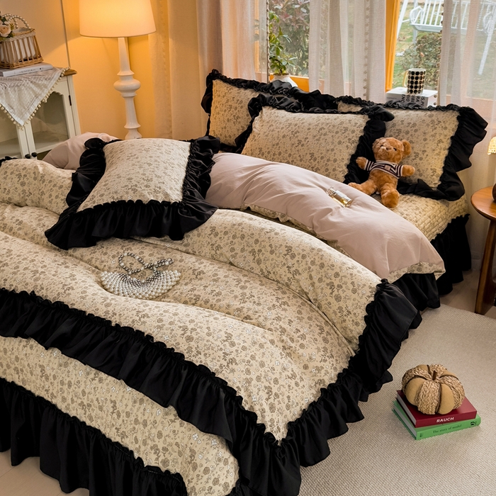 91家纺网 家纺一手货源 找家纺 大麦家纺 2026新款水洗古棉床盖印花四件套 花间谣