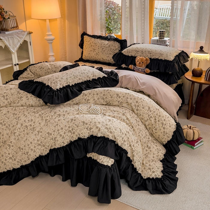 91家纺网 家纺一手货源 找家纺 大麦家纺 2026新款水洗古棉床盖印花四件套 花间谣