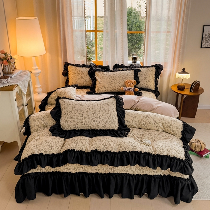 91家纺网 家纺一手货源 找家纺 大麦家纺 2026新款水洗古棉床盖印花四件套 花间谣