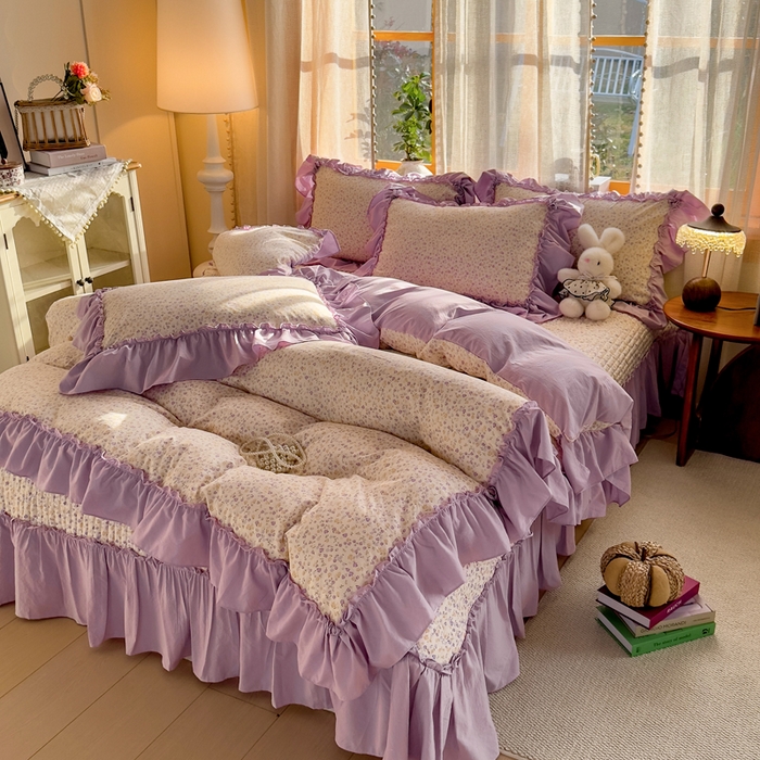 91家纺网 家纺一手货源 找家纺 大麦家纺 2026新款水洗古棉床盖印花四件套 花影浅吟