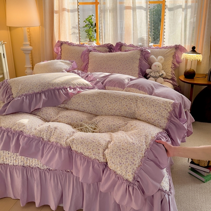 91家纺网 家纺一手货源 找家纺 大麦家纺 2026新款水洗古棉床盖印花四件套 花影浅吟