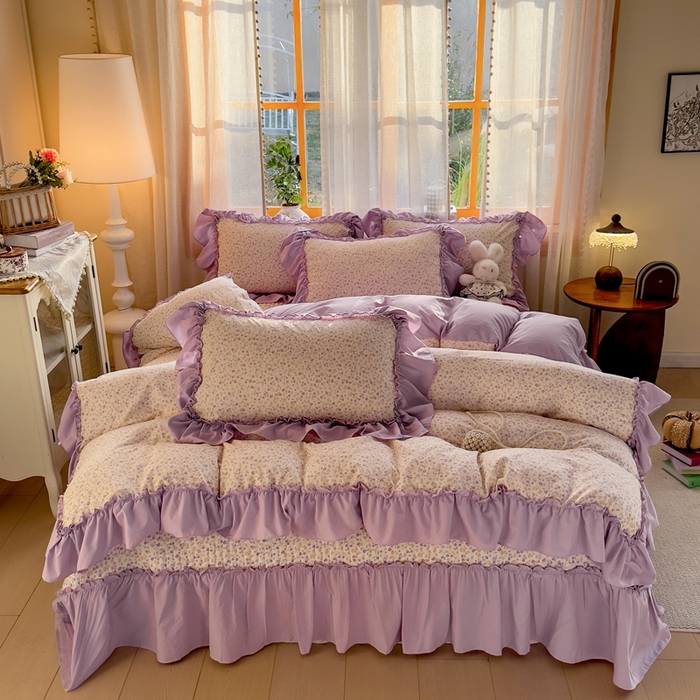 91家纺网 家纺一手货源 找家纺 大麦家纺 2026新款水洗古棉床盖印花四件套 花影浅吟