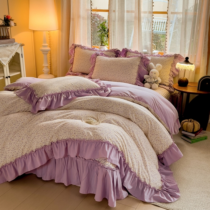 91家纺网 家纺一手货源 找家纺 大麦家纺 2026新款水洗古棉床盖印花四件套 花影浅吟