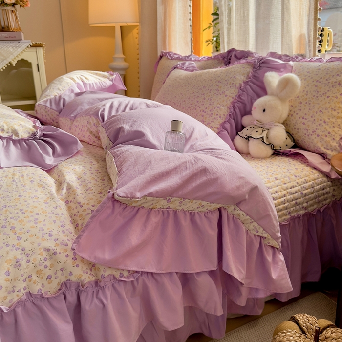 91家纺网 家纺一手货源 找家纺 大麦家纺 2026新款水洗古棉床盖印花四件套 花影浅吟