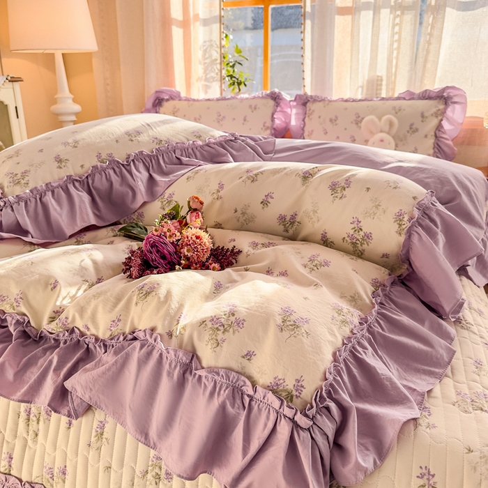 91家纺网 家纺一手货源 找家纺 大麦家纺 2026新款水洗古棉床盖印花四件套 槿上花开