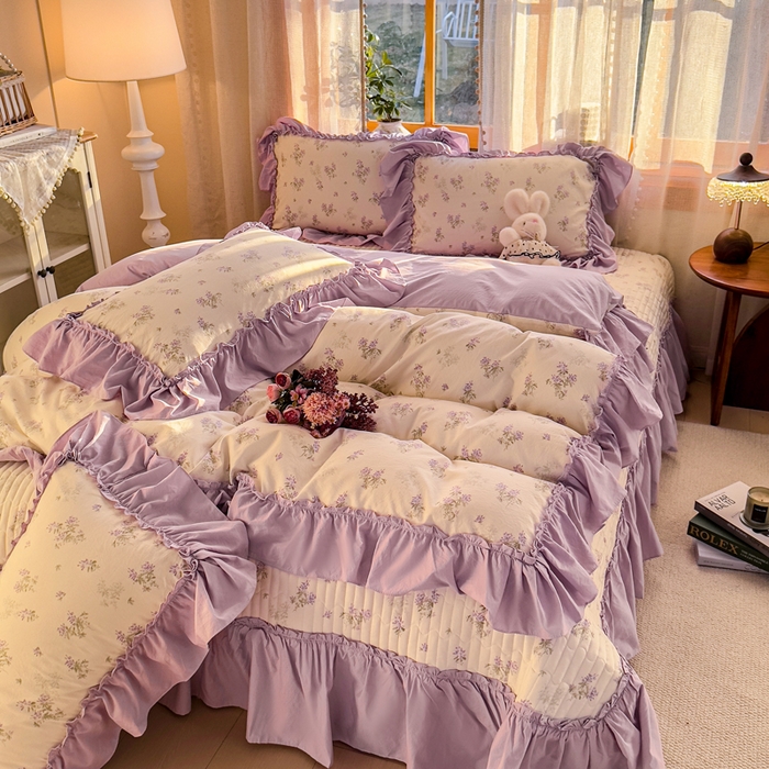 91家纺网 家纺一手货源 找家纺 大麦家纺 2026新款水洗古棉床盖印花四件套 槿上花开