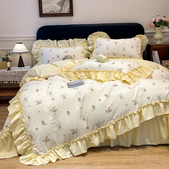 91家纺网 家纺一手货源 找家纺 大麦家纺 2026新款水洗古棉床盖印花四件套 精灵女孩