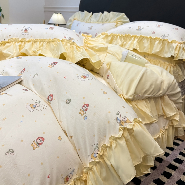 91家纺网 家纺一手货源 找家纺 大麦家纺 2026新款水洗古棉床盖印花四件套 精灵女孩