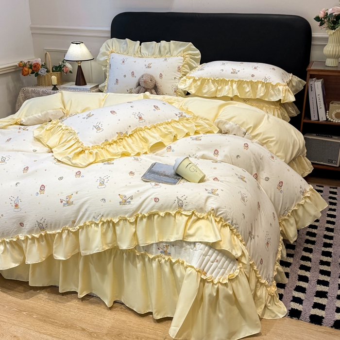 91家纺网 家纺一手货源 找家纺 大麦家纺 2026新款水洗古棉床盖印花四件套 精灵女孩