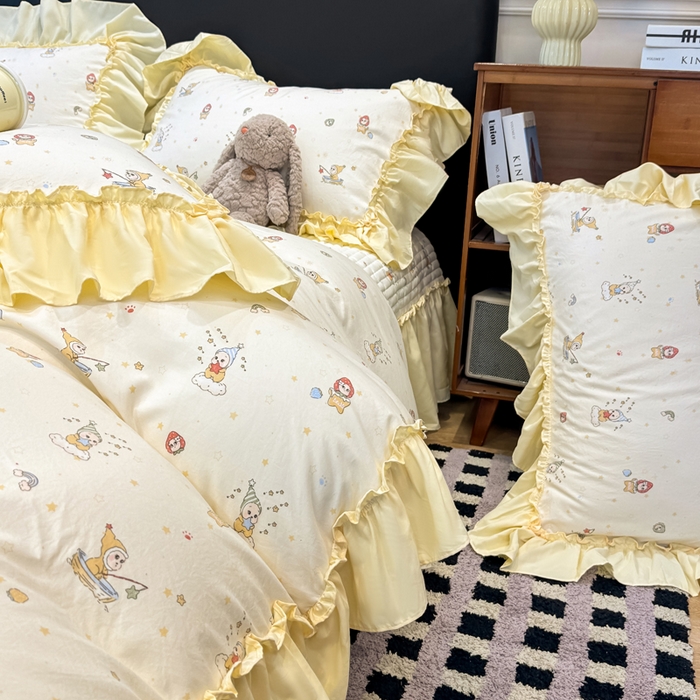 91家纺网 家纺一手货源 找家纺 大麦家纺 2026新款水洗古棉床盖印花四件套 精灵女孩