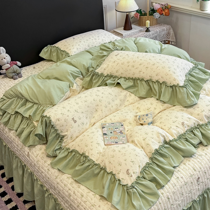 91家纺网 家纺一手货源 找家纺 大麦家纺 2026新款水洗古棉床盖印花四件套 林间小兔