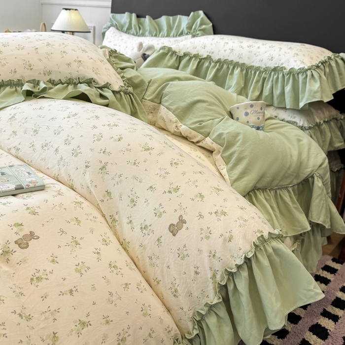 91家纺网 家纺一手货源 找家纺 大麦家纺 2026新款水洗古棉床盖印花四件套 林间小兔