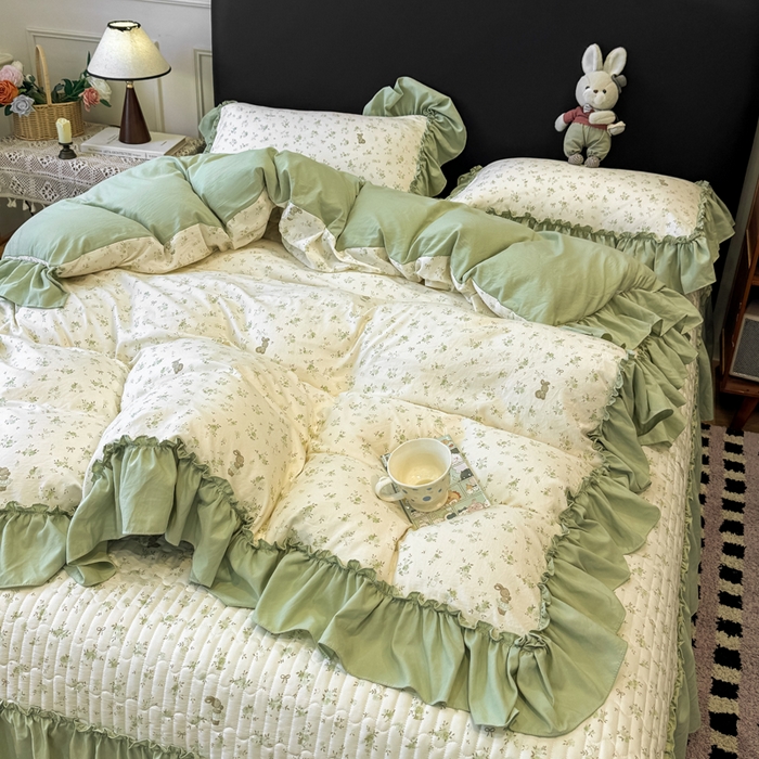 91家纺网 家纺一手货源 找家纺 大麦家纺 2026新款水洗古棉床盖印花四件套 林间小兔