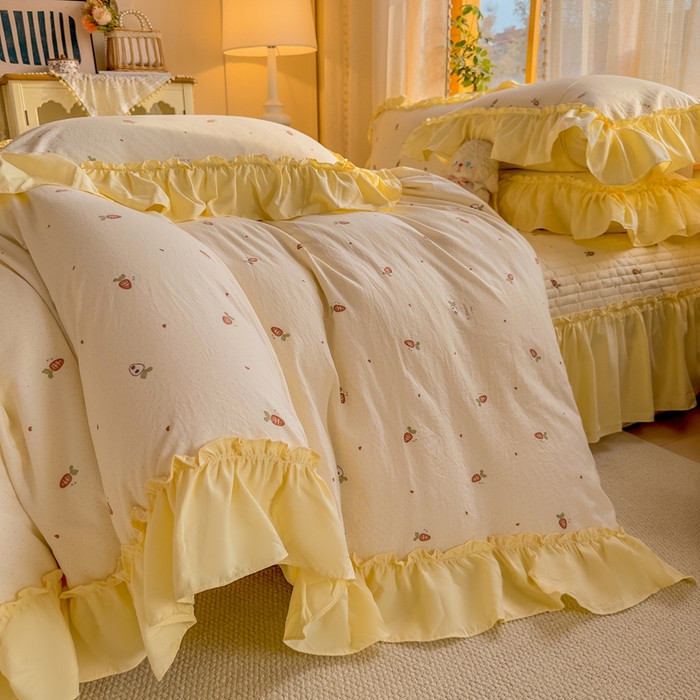 91家纺网 家纺一手货源 找家纺 大麦家纺 2026新款水洗古棉床盖印花四件套 莓果