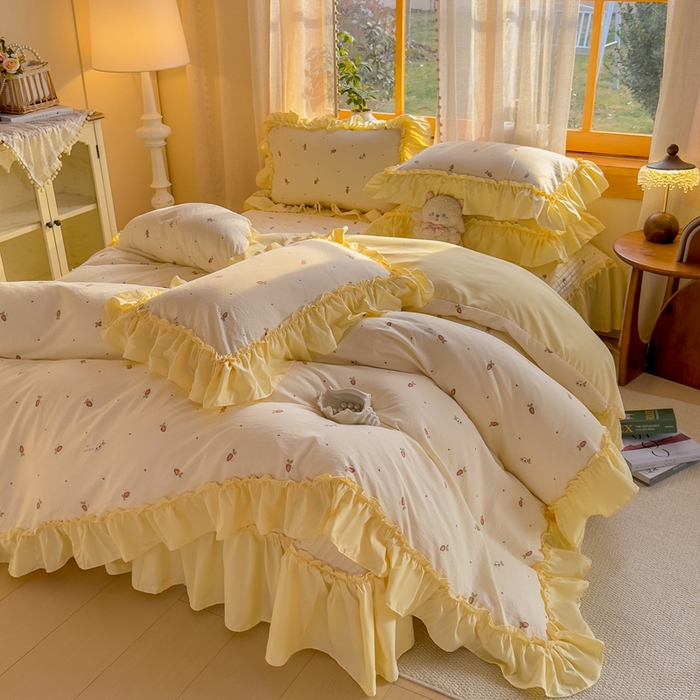 91家纺网 家纺一手货源 找家纺 大麦家纺 2026新款水洗古棉床盖印花四件套 莓果