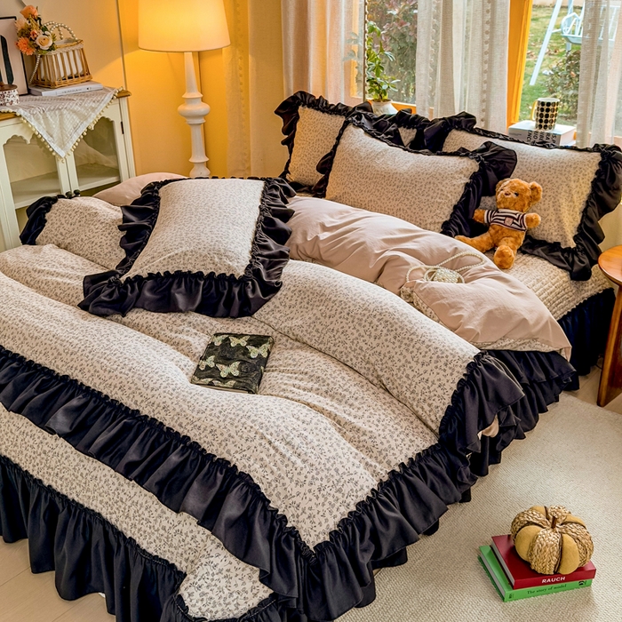 91家纺网 家纺一手货源 找家纺 大麦家纺 2026新款水洗古棉床盖印花四件套 墨芍