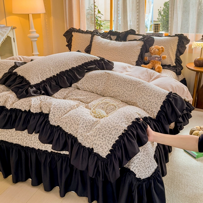 91家纺网 家纺一手货源 找家纺 大麦家纺 2026新款水洗古棉床盖印花四件套 墨芍