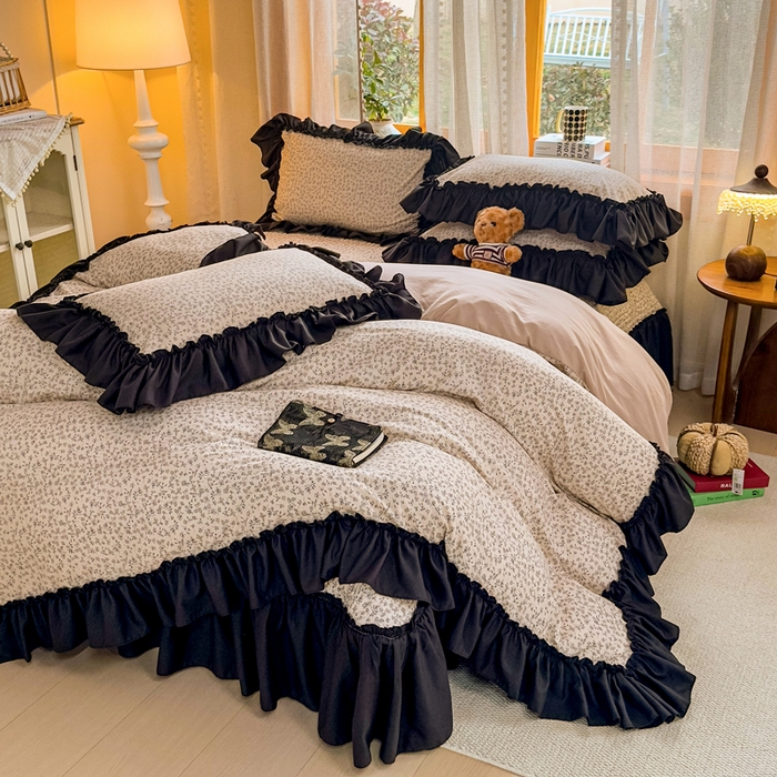 91家纺网 家纺一手货源 找家纺 大麦家纺 2026新款水洗古棉床盖印花四件套 墨芍