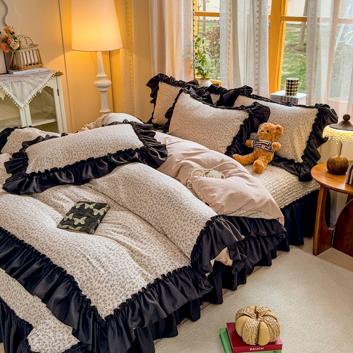 91家纺网 家纺一手货源 找家纺 大麦家纺 2026新款水洗古棉床盖印花四件套 墨芍