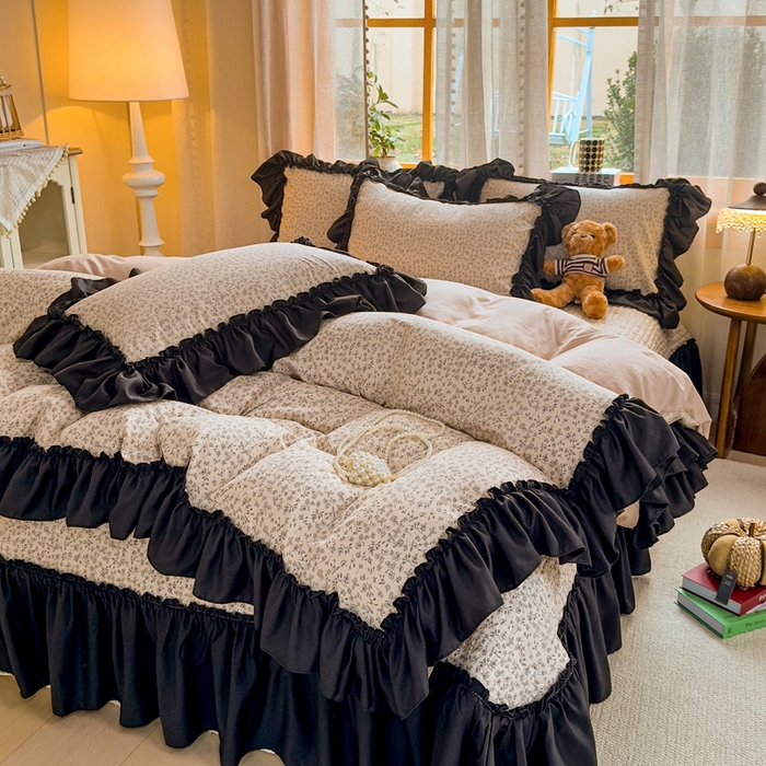 91家纺网 家纺一手货源 找家纺 大麦家纺 2026新款水洗古棉床盖印花四件套 墨芍