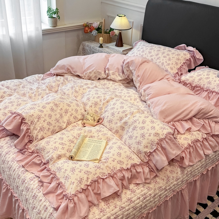 91家纺网 家纺一手货源 找家纺 大麦家纺 2026新款水洗古棉床盖印花四件套 七分甜