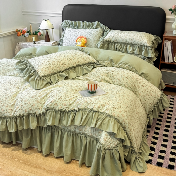 91家纺网 家纺一手货源 找家纺 大麦家纺 2026新款水洗古棉床盖印花四件套 秋海棠