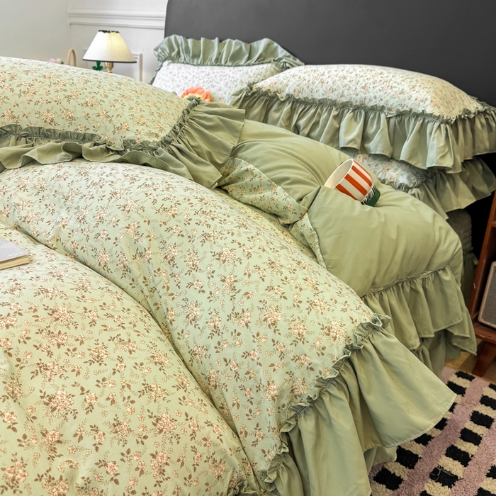 91家纺网 家纺一手货源 找家纺 大麦家纺 2026新款水洗古棉床盖印花四件套 秋海棠