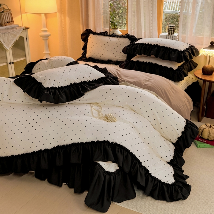 91家纺网 家纺一手货源 找家纺 大麦家纺 2026新款水洗古棉床盖印花四件套 小波点