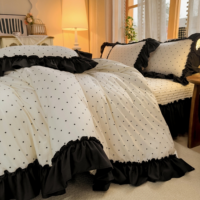 91家纺网 家纺一手货源 找家纺 大麦家纺 2026新款水洗古棉床盖印花四件套 小波点