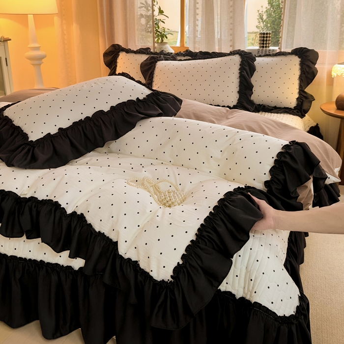 91家纺网 家纺一手货源 找家纺 大麦家纺 2026新款水洗古棉床盖印花四件套 小波点